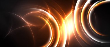 Soyut enerji akışları, parlak turuncu parıltılar, koyu arkaplan. Dairesel şekiller kesişiyor, dinamik görsel etki yaratıyor. Işık dışarıya doğru yayılıyor..