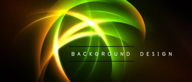 Parlak neon kıvrımlar dinamik soyut arkaplan oluşturur. Canlı yeşil, sarı, turuncu renkler kusursuz bir şekilde harmanlanır. Modern tasarım ögesi.