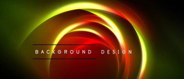 Soyut neon ışıklar dinamik dairesel şekiller yaratır. Canlı renkler harmanlanarak, parlayan arkaplan tasarımı oluşturur. Karanlık uzay parlak elementleri sarar.