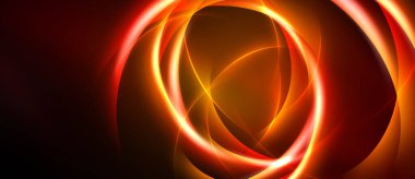 Soyut tasarım, parlak turuncu halkalar, kıvrımlar, koyu arkaplan içerir. Dinamik bileşim enerjiyi, sıcaklığı ve modern estetiği çağrıştırıyor..