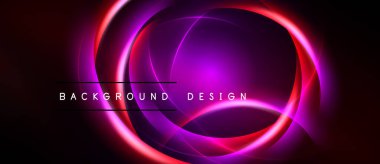 Soyut tasarım canlı eşmerkezli daireler içerir. Mor, pembe renkler koyu arkaplana hükmediyor. Modern, dinamik kompozisyon.