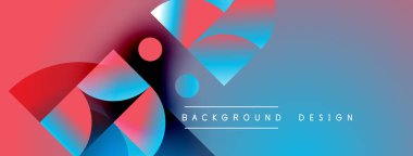 Soyut geometrik şekiller pembe ve mavi renkleri harmanlarlar. Modern tasarım üst üste binen daireler, üçgenler, gradyanlar içerir. Metin arkaplan tasarımı okur.