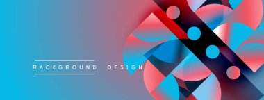 Soyut geometrik şekiller, canlı mavi, kırmızı renkler. Modern tasarım elementleri dinamik görsel etki yaratır. Gradyan arkaplan derinlik ekler.