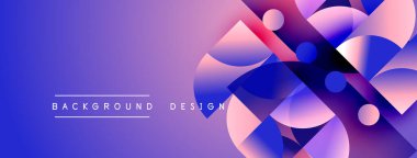 Soyut geometrik şekiller örtüşüyor, canlı mor, pembe, mavi renkler yaratıyor. Arkaplan veya afişler için modern tasarım ögesi.