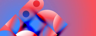 Üst üste binen daireler, canlı kırmızı, mavi renkler içeren soyut bir kompozisyon. Gradyan arka plan dinamik görsel efekt yaratır. Modern tasarım elemanları.