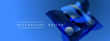 Soyut mavi tasarım geometrik şekiller, gradyanlar, metin elementleri içerir. Modern estetik, dinamik kompozisyon, canlı renkler sunar.