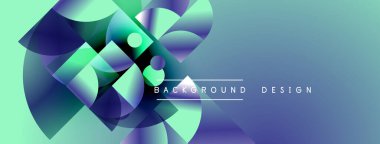 Soyut geometrik şekiller örtüşür, canlı gradyanlar yaratır. Mavi, yeşil renkler tasarıma egemen, modern estetiği çağrıştırıyor. Arkaplan özellikleri metin.