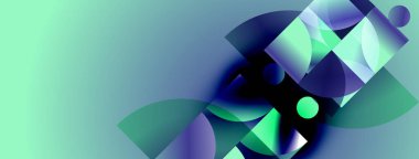 Soyut kompozisyon özellikleri üst üste binen şekiller, gradyanlar. Teal, mor renkler tasarıma hakim, modern estetik yaratıyor. Minimalist, dinamik.