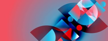 Soyut geometrik şekiller çakışıyor. Kırmızı, mavi renkler kompozisyona hakim. Modern tasarım, canlı renkler dinamik görsel efekt yaratır.