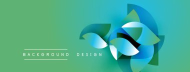Soyut tasarım yeşil gradyan üzerinde dönen mavi şekiller içerir. Metin, merkez elementin altında arkaplan tasarımı okuyor. Basit, modern estetik..