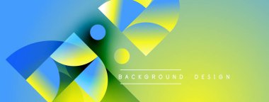 Soyut geometrik şekiller canlı mavi, sarı, yeşil renkleri harmanlarlar. Modern tasarım dinamik enerjiyi, pürüzsüz eğimleri öneriyor. Arkaplan ögeleri görsel ilgi yaratır.