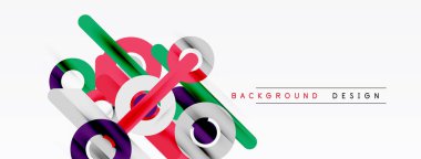 Soyut geometrik şekiller örtüşür, dinamik bileşim yaratır. Beyaz arka planda parlak renkler karşıtlığı. Modern tasarım ögesi.