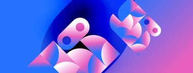 Soyut geometrik şekiller, parlak mavi, pembe gradyanlar. Modern tasarım, dijital illüstrasyon, akış biçimleri, dinamik kompozisyon.
