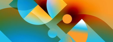 Canlı örtüşen şekiller içeren soyut bir kompozisyon. Renkler karışıyor, dinamik görsel deneyim yaratıyor. Düzen eğimleri tasarıma hakim..