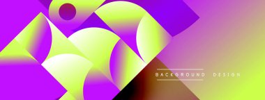 Canlı, soyut bir kompozisyon. Üst üste binen şekiller dinamik değişim etkisi yaratır. Mor, sarı renkler tasarımda baskın. Modern estetik.