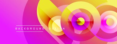 Soyut, enerjik çemberler çakışıyor. Pembe, sarı, turuncu renkler dinamik görsel efekt yaratır. Arka planlar için modern tasarım ögesi.