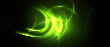 Parlak yeşil enerji akışları, dönen desenler koyu arkaplana hakim. Soyut tasarım, hareket ve ışık yoğunluğunu çağrıştırıyor.