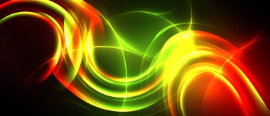 Parlak soyut dalgalar, canlı renkler karışımı. Dinamik enerji parlayan çizgilerden yayılır ve görsel etki yaratır..