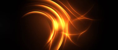 Soyut turuncu çizgiler koyu arkaplanda dönüyor. Parlak enerji yayılır ve dinamik görsel efekt yaratır. Yumuşak kıvrımlar hareketi, sıcaklığı gösterir..