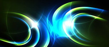 Parlak soyut girdaplar, parlak kıvrımlar, canlı renkler. Dinamik enerji merkezi ışık kaynaklarından yayılır. Koyu arkaplan parlaklığı arttırır.