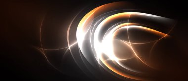 Soyut ışık çizgileri dönen şekiller oluşturur. Turuncu, arka planda beyaz parıltı. Dinamik enerji merkezden yayılır.