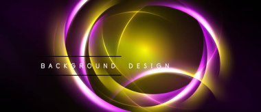 Soyut tasarım parlak daireler, mor, altın renkler içerir. Koyu arkaplan, canlı ışık efektlerini, modern estetiği arttırır..