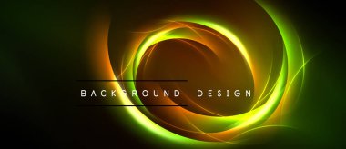 Soyut tasarım, parlayan dairesel şekiller içerir. Yeşil, turuncu renkler koyu arkaplana hakim. Metin arkaplan tasarımı okur.