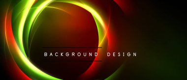 Soyut tasarım canlı eşmerkezli daireler içerir. Renkler yeşilden, turuncudan, kırmızıdan koyu arkaplana karışıyor. Metin arkaplan tasarımı okur.