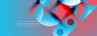 Soyut arkaplan parlak mavi, kırmızı gradyanlara sahiptir. Üst üste binen daireler, kareler dinamik görsel efektler yaratır. Metin arkaplan tasarımı okur.