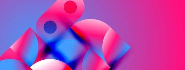 Soyut şekiller canlı pembeleri, mavileri, morları harmanlıyor. Üst üste binen daireler dinamik bileşimler yaratıyor, modern estetik. Yumuşak gradyanlar baskın gelir.