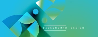 Soyut geometrik şekiller canlı turkuazları, deniz mavisi renklerini harmanlarlar. Modern tasarım akıcılığı ve dinamizmi çağrıştırıyor. Arkaplanda metin ögeleri.