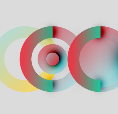 Soyut daireler örtüşüyor, renkli katmanlar oluşturuyor. Kırmızı, yeşil, sarı renkler tarafsız arkaplana hakim. Modern tasarım ögesi.