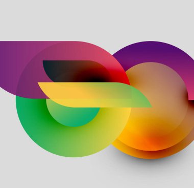 Abstract colorful shapes overlap, creating dynamic visual effect. Smooth gradients blend hues, forming flowing composition.