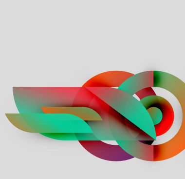 Soyut renkli şekiller örtüşür, dinamik görsel kompozisyon yaratır. Gradyanlar renkleri karıştırır, akıcı formlar oluştururlar. Modern tasarım ögesi.