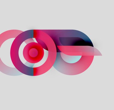 Soyut dizayn özellikleri üst üste binen dairesel şekiller, canlı pembeler, morlar, maviler. Yumuşak eğimler derinlik yaratır, modern estetik.