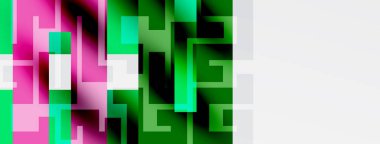 Soyut geometrik şekiller, pembeler, yeşiller kompozisyona hakim. Dikdörtgenler kesişir, dinamik görsel doku yaratır. Beyaz boşluk tasarımı dengeler.