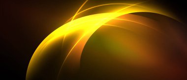 Soyut altın kıvrımlar, dinamik ışık efektleri. Koyu arkaplan parlak şekilleri vurgular, modern görsel etki yaratır.