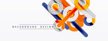 Soyut geometrik şekiller örtüşür, dinamik görsel efekt yaratır. Minimalist arkaplana turuncu, mavi, gri renkler hakim.