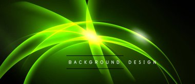 Parlak yeşil enerji merkezi noktadan yayılır. Koyu arkaplan parlak kıvrımları geliştirir, dinamik görsel efekt yaratır.