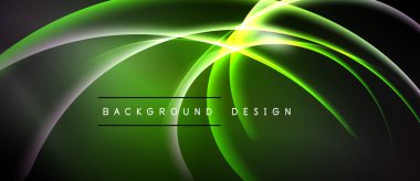Soyut yeşil ışık eğrileri dinamik arkaplan oluşturur. Parlak merkez enerji yayar ve modern görsel efekt yaratır. Yumuşak eğimler derinliği artırır.