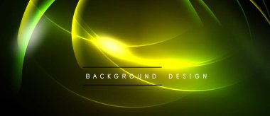 Parlak neon kıvrımları soyut bir arkaplan oluşturur. Sarı, yeşil renkler karanlık uzaya hakim. Dijital projeler için modern tasarım ögesi.