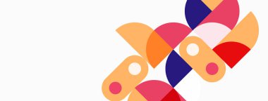 Soyut renkli yarı daireler çakışıyor ve dinamik bir kompozisyon oluşturuyor. Pembe, turuncu, mor renkler beyaz arkaplana hakim. Modern tasarım.