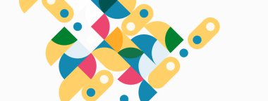 Soyut geometrik şekiller örtüşür, renkli kompozisyon oluşturur. Sarı, mavi, yeşil, pembe baskın tasarım. Modern estetik.