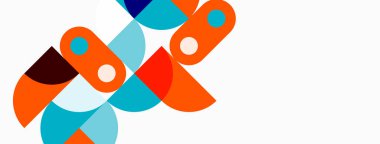 Soyut geometrik şekiller örtüşür, dinamik bileşim yaratır. Turuncu, deniz mavisi, kestane rengi beyaz arkaplanı domine eder. Modern tasarım ögesi.