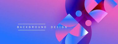 Soyut eğimli arkaplan özellikleri üst üste binen şekiller, daireler, üçgenler. Canlı mor, mavi renkli modern tasarım. Metin arkaplan tasarımı okur.