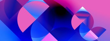 Üst üste binen daireler, canlı maviler, pembeler, koyu renkler içeren soyut bir kompozisyon. Modern dijital sanat, düzgün geçişler.