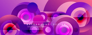 Soyut daireler örtüşüyor, canlı mor, pembe gradyanlar yaratıyor. Arka planlar ve sunumlar için modern tasarım öğesi. Yumuşak geçişler görünür.