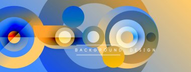 Soyut geometrik şekiller çakışıyor. Mavi, sarı renkler dizaynın hakimi. Gradyan efektli modern arkaplan, basit metin örtüsü mevcut.