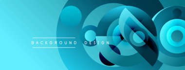 Soyut mavi şekiller örtüşüyor ve dinamik bir zemin oluşturuyor. Modern tasarım dairesel elementler, gradyanlar, pürüzsüz geçişler içerir.