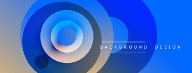 Soyut eşmerkezli daireler, mavi gradyanlar, modern tasarım. Arkaplanda metin arkaplanı ve tasarım var. Minimalist estetik, pürüzsüz geçişler.